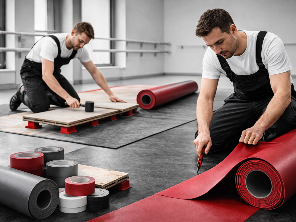 Fachkr&auml;fte verlegen professionelle Tanzteppiche f&uuml;r B&uuml;hnen- und Tanzfl&auml;chen pr&auml;zise auf ebenem Untergrund